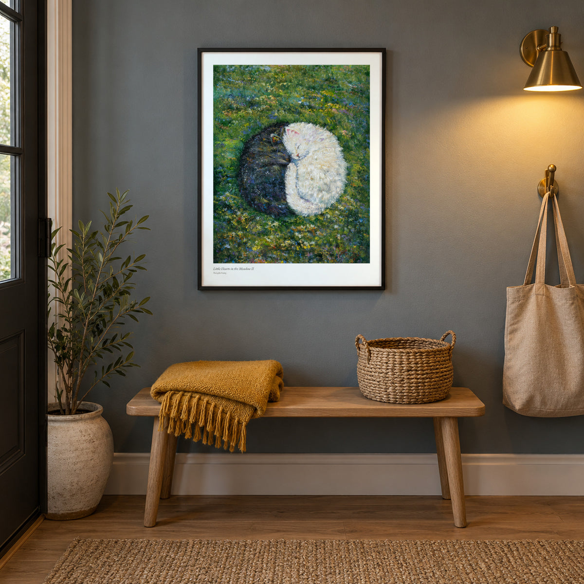 Little Hearts in the Meadow II studio print, 17 × 22 in, in a black frame in an entryway (frame not included)