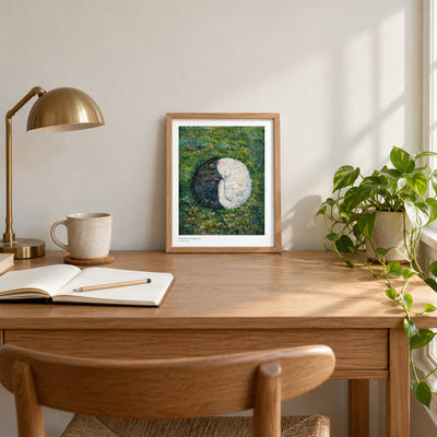 Little Hearts in the Meadow II studio print, 8.5 × 11 in, in a light oak frame on a desk (frame not included)