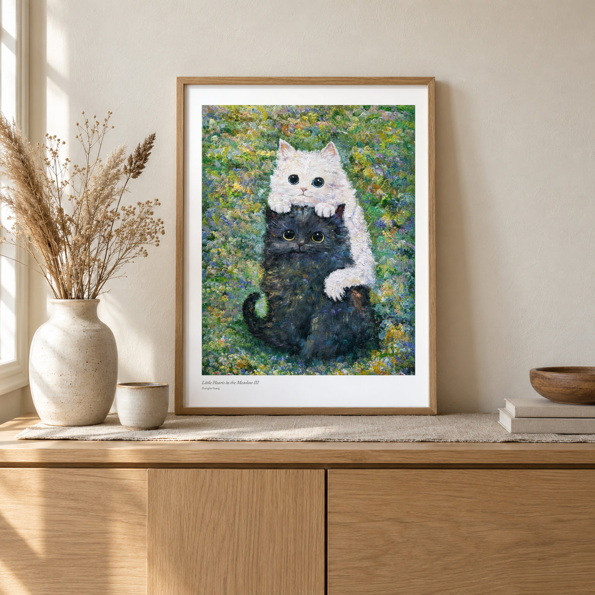 Little Hearts in the Meadow III studio print, 17 × 22 in, in a light oak frame on a sideboard (frame not included)