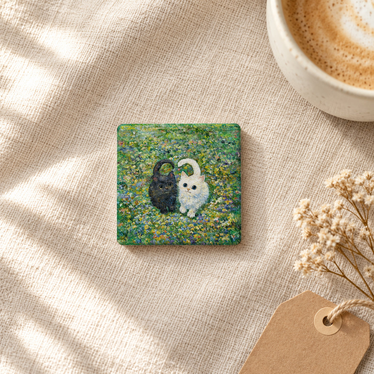 Little Hearts in the Meadow art magnet on linen with coffee and dried flowers