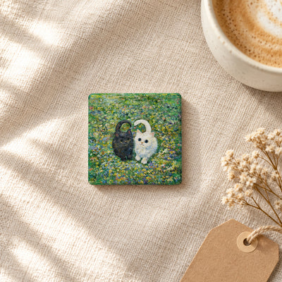 Little Hearts in the Meadow art magnet on linen with coffee and dried flowers