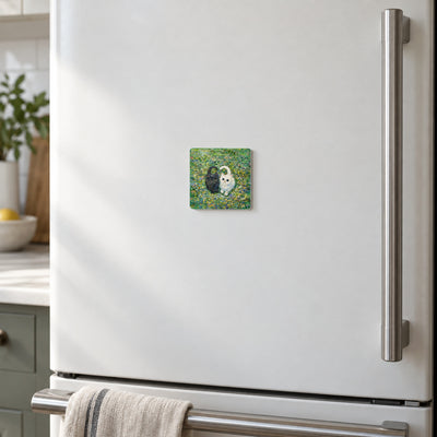 Little Hearts in the Meadow art magnet on a warm white fridge door