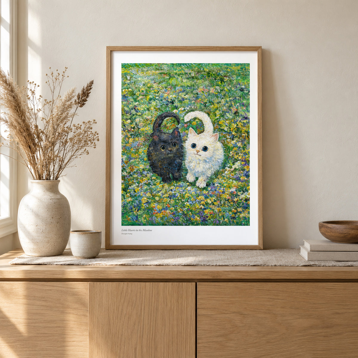Little Hearts in the Meadow studio print, 17 × 22 in, in a light oak frame on a sideboard (frame not included)