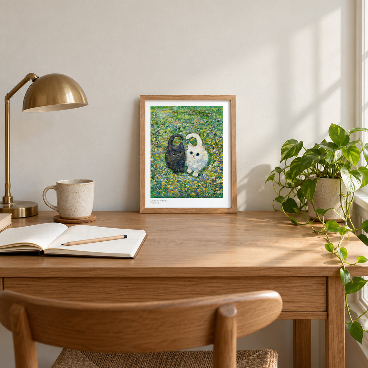 Little Hearts in the Meadow studio print, 8.5 × 11 in, in a light oak frame on a desk (frame not included)
