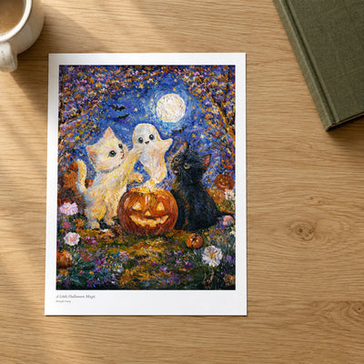 A Little Halloween Magic studio print on a light oak desk