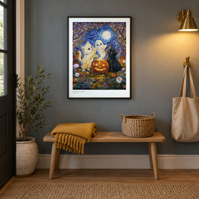 A Little Halloween Magic studio print, 17 × 22 in, in a black frame in an entryway (frame not included)