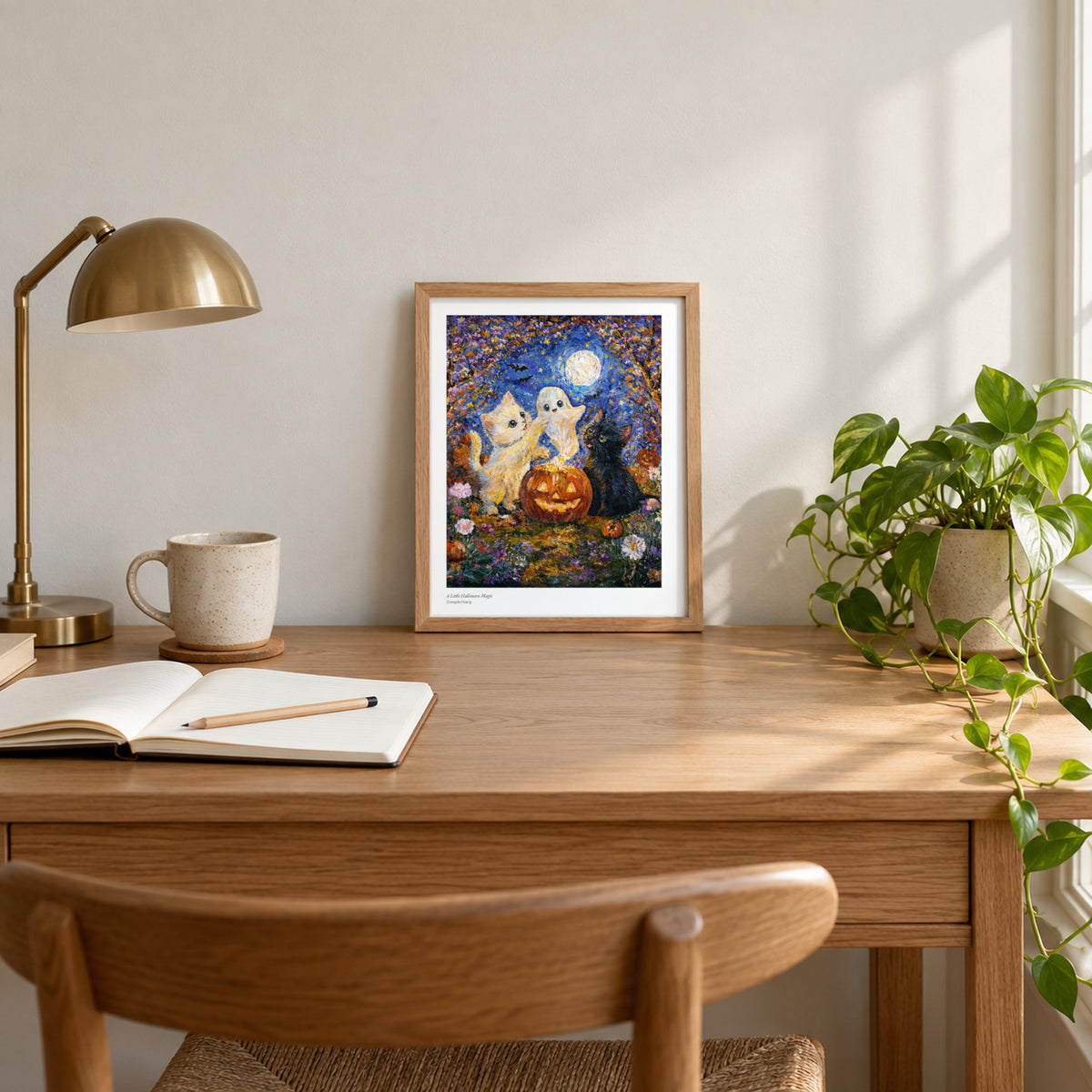 A Little Halloween Magic studio print, 8.5 × 11 in, in a light oak frame on a desk (frame not included)