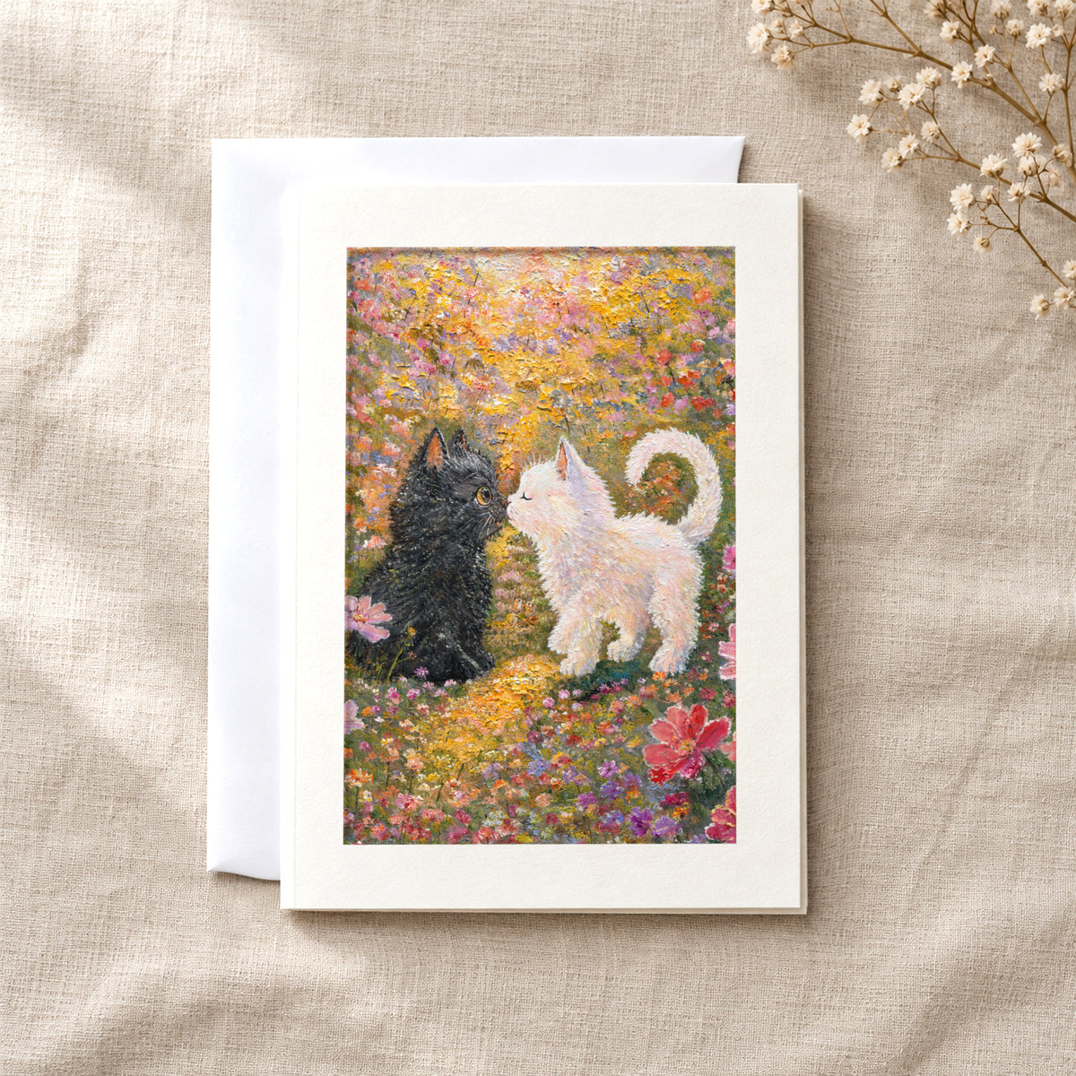 Little Nose Kiss art card: a folded 5×7 card with the artwork in a centred window, with a white envelope