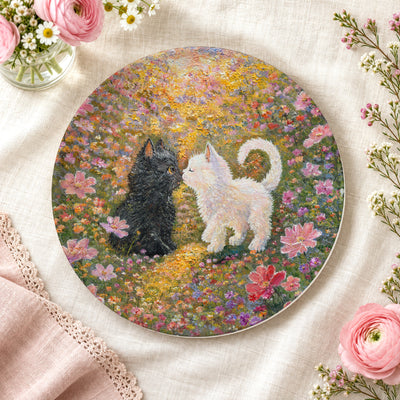 Little Nose Kiss 8-inch art plate on linen with fresh flowers