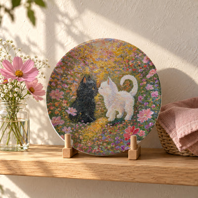 Little Nose Kiss 8-inch art plate on a wooden stand on an oak shelf