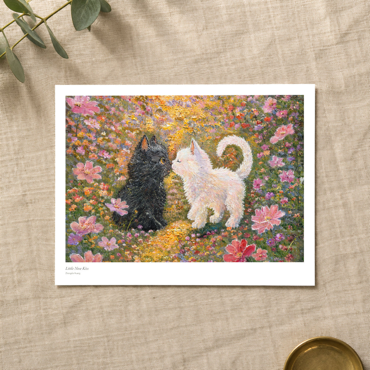 Little Nose Kiss studio print with title and signature margin, lying on linen