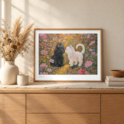 Little Nose Kiss studio print, 22 × 17 in, in a light oak frame on a sideboard (frame not included)