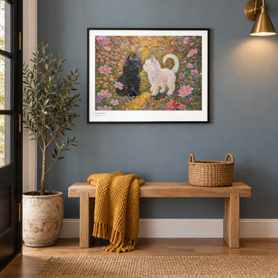 Little Nose Kiss studio print, 22 × 17 in, in a black frame in an entryway (frame not included)