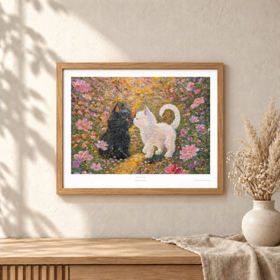 Little Nose Kiss art print shown in an oak frame on a wall (frame not included)