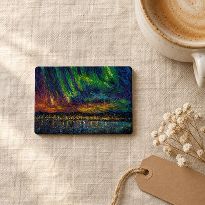 Okanagan Lake Beneath the Aurora art magnet on linen with coffee and dried flowers