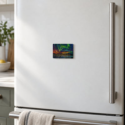 Okanagan Lake Beneath the Aurora art magnet on a warm white fridge door