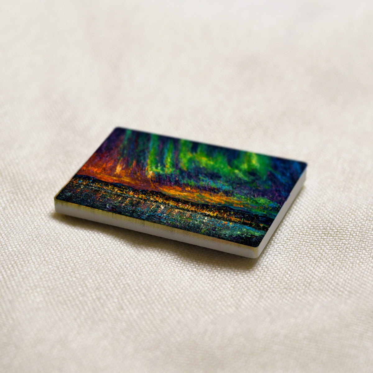 Okanagan Lake Beneath the Aurora art magnet at an angle, showing the stone edge