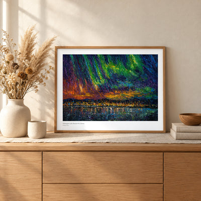 Okanagan Lake Beneath the Aurora studio print, 22 × 17 in, in a light oak frame on a sideboard (frame not included)