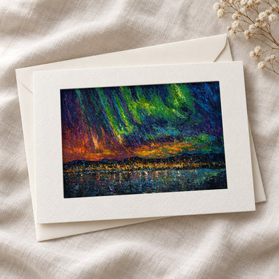Okanagan Lake Beneath the Aurora art card in an acid-free 5×7 mat with envelope
