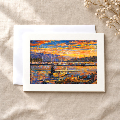 Okanagan Lake, Between Departures art card: a folded 5×7 card with the artwork in a centred window, with a white envelope