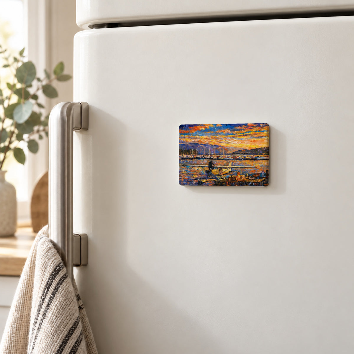 Okanagan Lake, Between Departures art magnet on a white fridge door