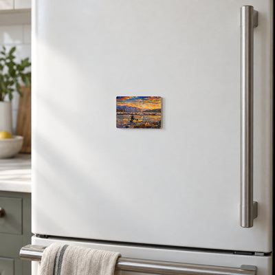 Okanagan Lake, Between Departures art magnet on a warm white fridge door