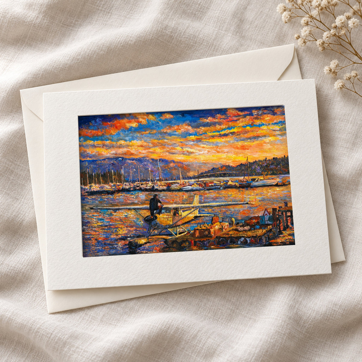 Okanagan Lake, Between Departures art card in an acid-free 5×7 mat with envelope