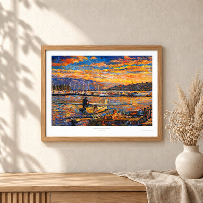 Okanagan Lake, Between Departures art print shown in an oak frame on a wall (frame not included)