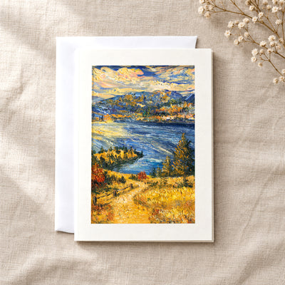 Okanagan Lake from the Heights art card: a folded 5×7 card with the artwork in a centred window, with a white envelope