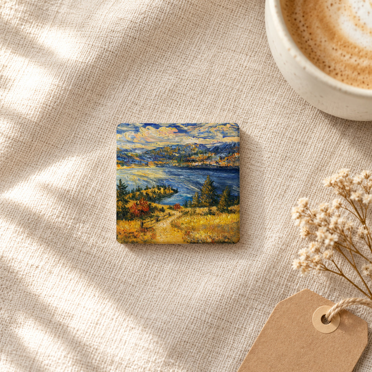 Okanagan Lake from the Heights art magnet on linen with coffee and dried flowers