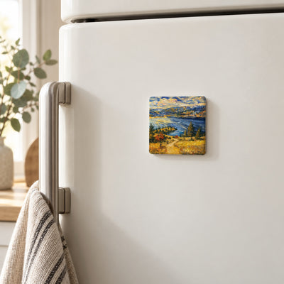 Okanagan Lake from the Heights art magnet on a white fridge door