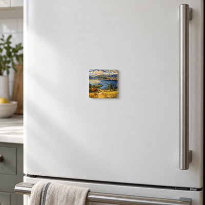 Okanagan Lake from the Heights art magnet on a warm white fridge door