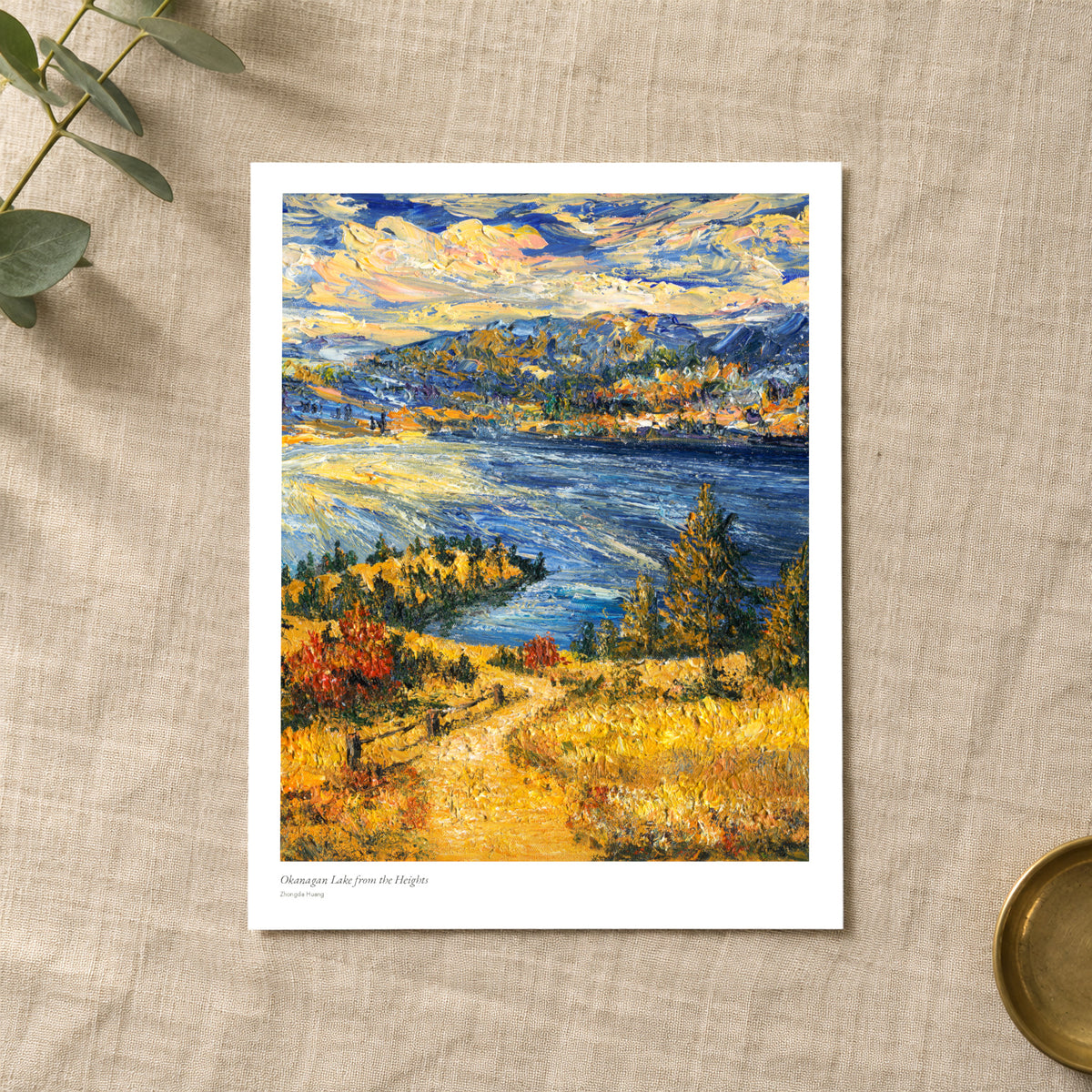 Okanagan Lake from the Heights studio print with title and signature margin, lying on linen