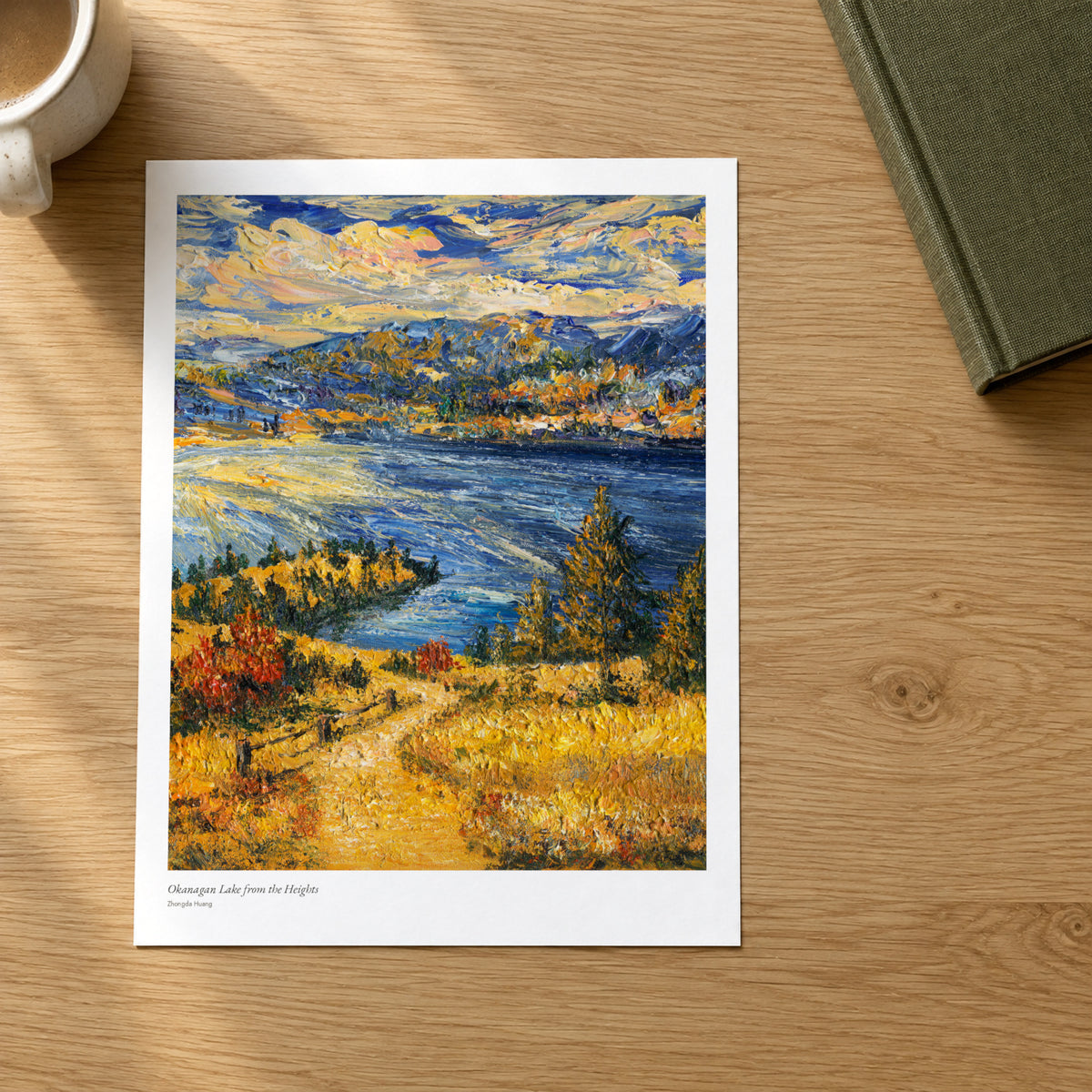 Okanagan Lake from the Heights studio print on a light oak desk