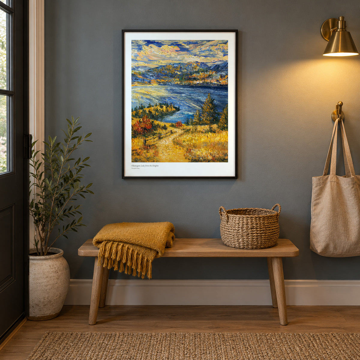 Okanagan Lake from the Heights studio print, 17 × 22 in, in a black frame in an entryway (frame not included)