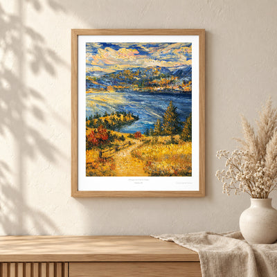 Okanagan Lake from the Heights art print shown in an oak frame on a wall (frame not included)
