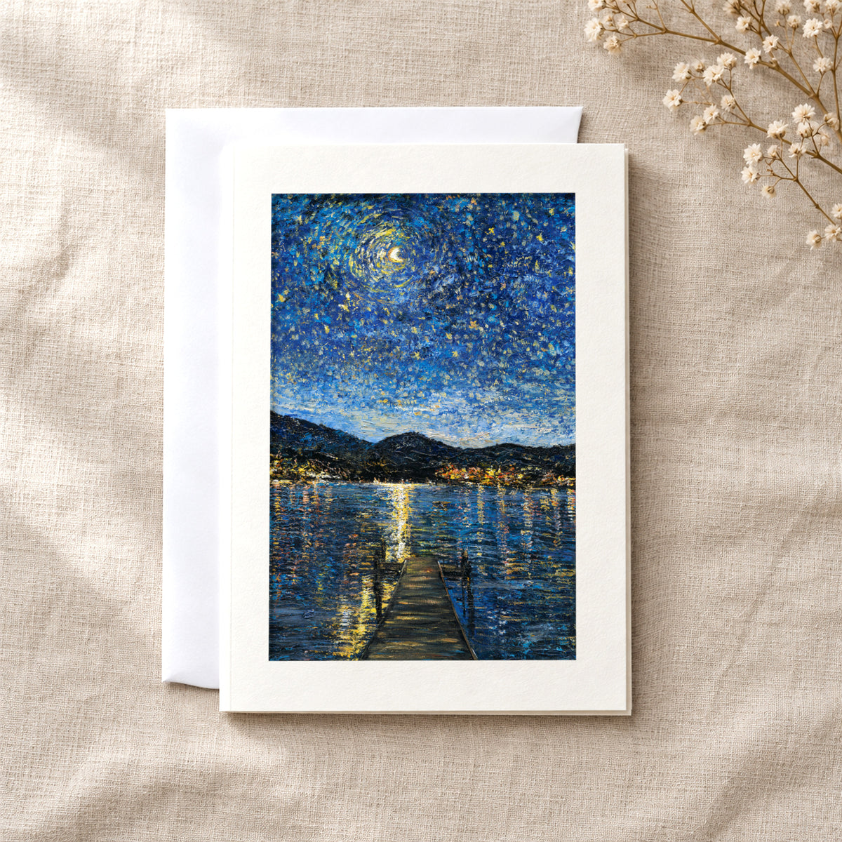Okanagan Lake in Moonlight art card: a folded 5×7 card with the artwork in a centred window, with a white envelope
