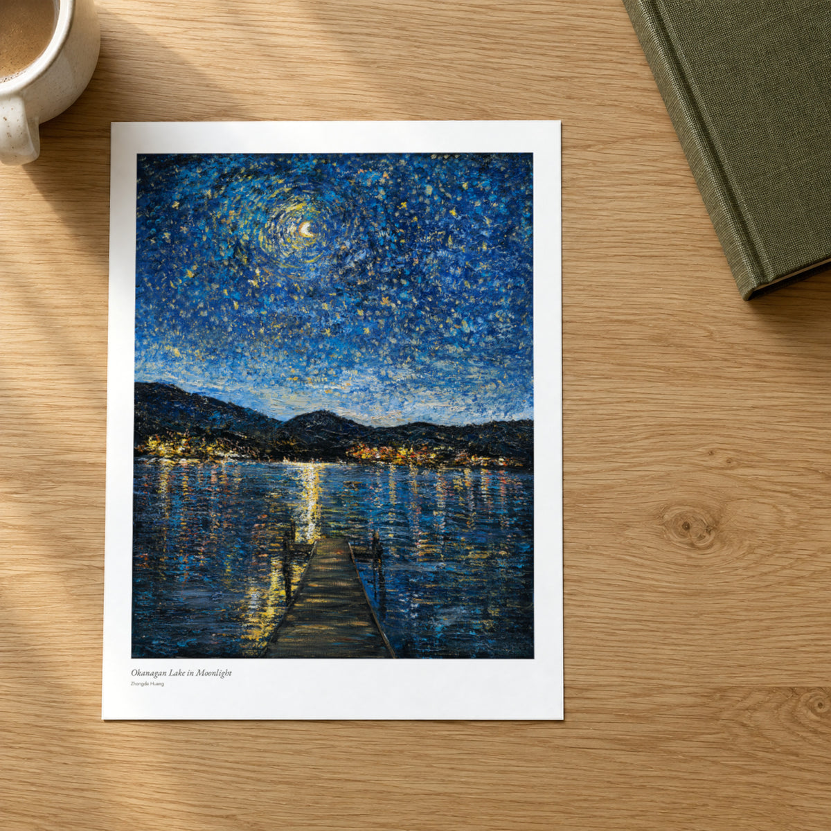 Okanagan Lake in Moonlight studio print on a light oak desk