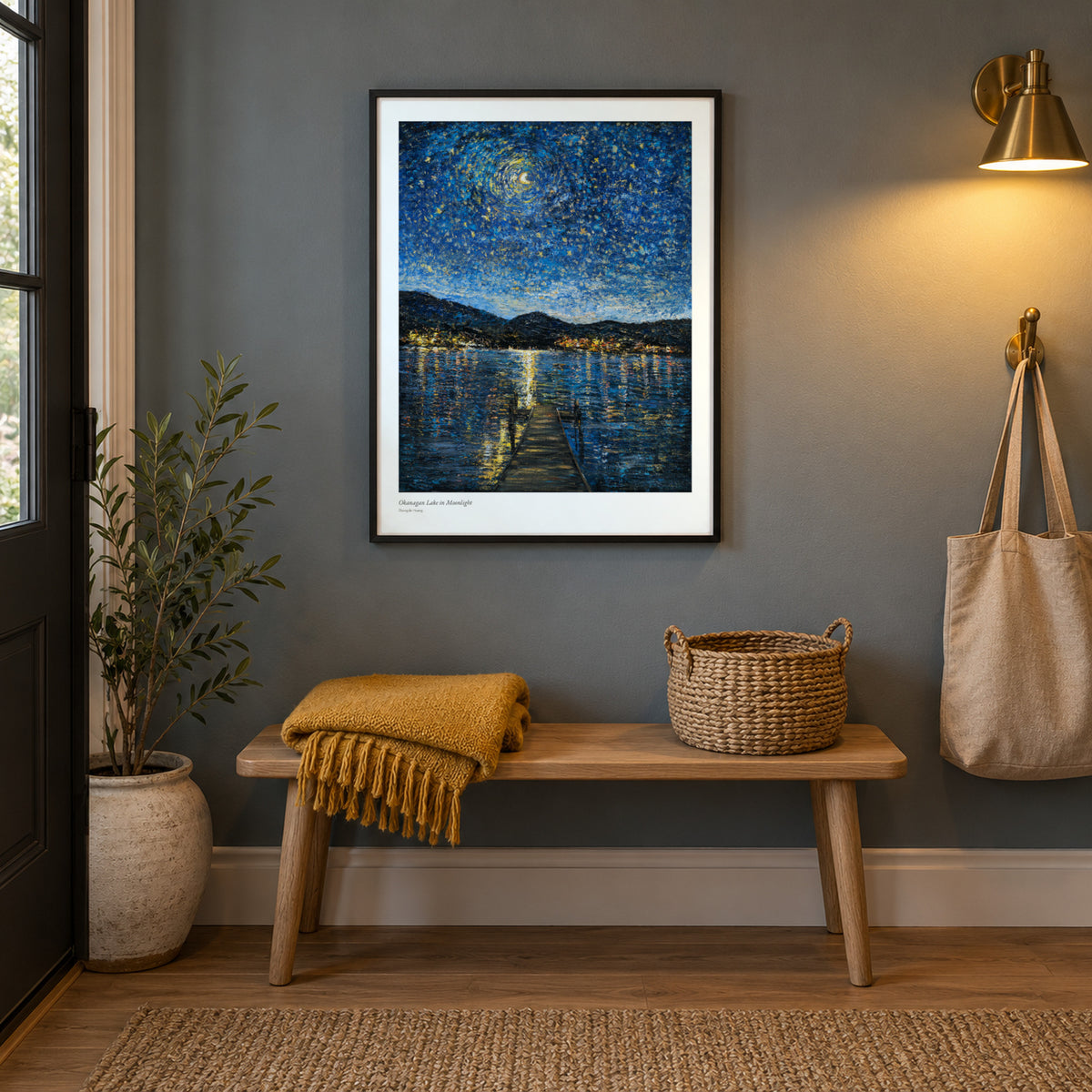 Okanagan Lake in Moonlight studio print, 17 × 22 in, in a black frame in an entryway (frame not included)