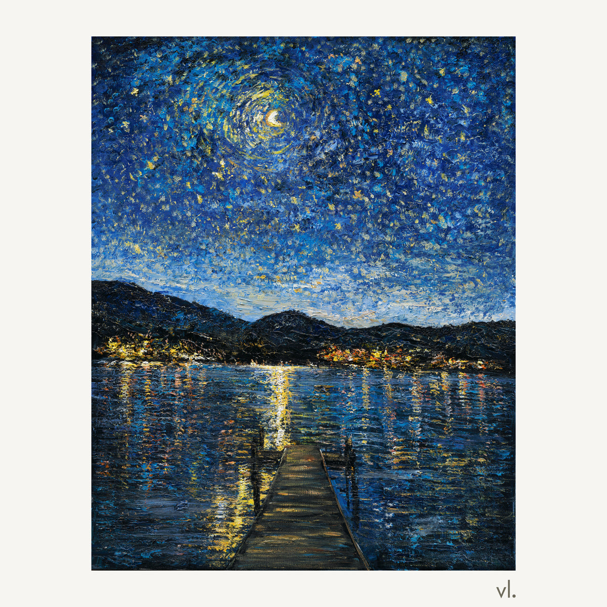 Okanagan Lake in Moonlight by Zhongda Huang, original acrylic painting, full view