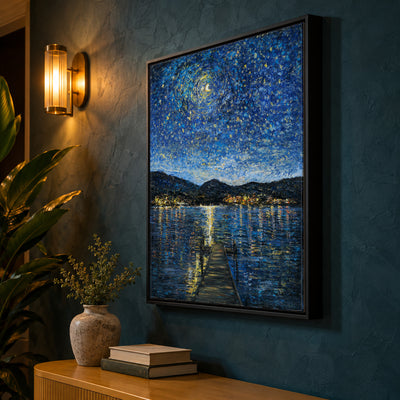 Okanagan Lake in Moonlight by Zhongda Huang on a deep teal plaster wall lit by a brass sconce