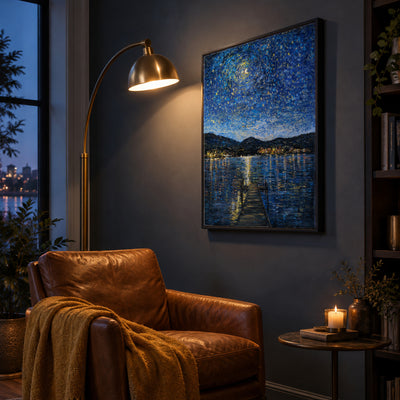Okanagan Lake in Moonlight by Zhongda Huang in a slate blue reading corner