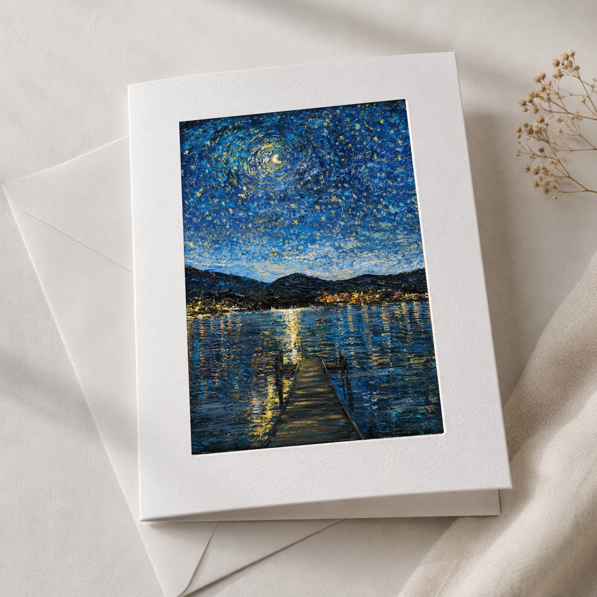Okanagan Lake in Moonlight art card in an acid-free 5×7 mat with envelope