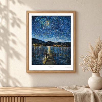 Okanagan Lake in Moonlight art print shown in an oak frame on a wall (frame not included)