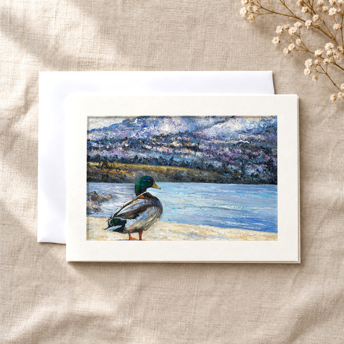 Okanagan Lake at the Edge of Winter art card: a folded 5×7 card with the artwork in a centred window, with a white envelope