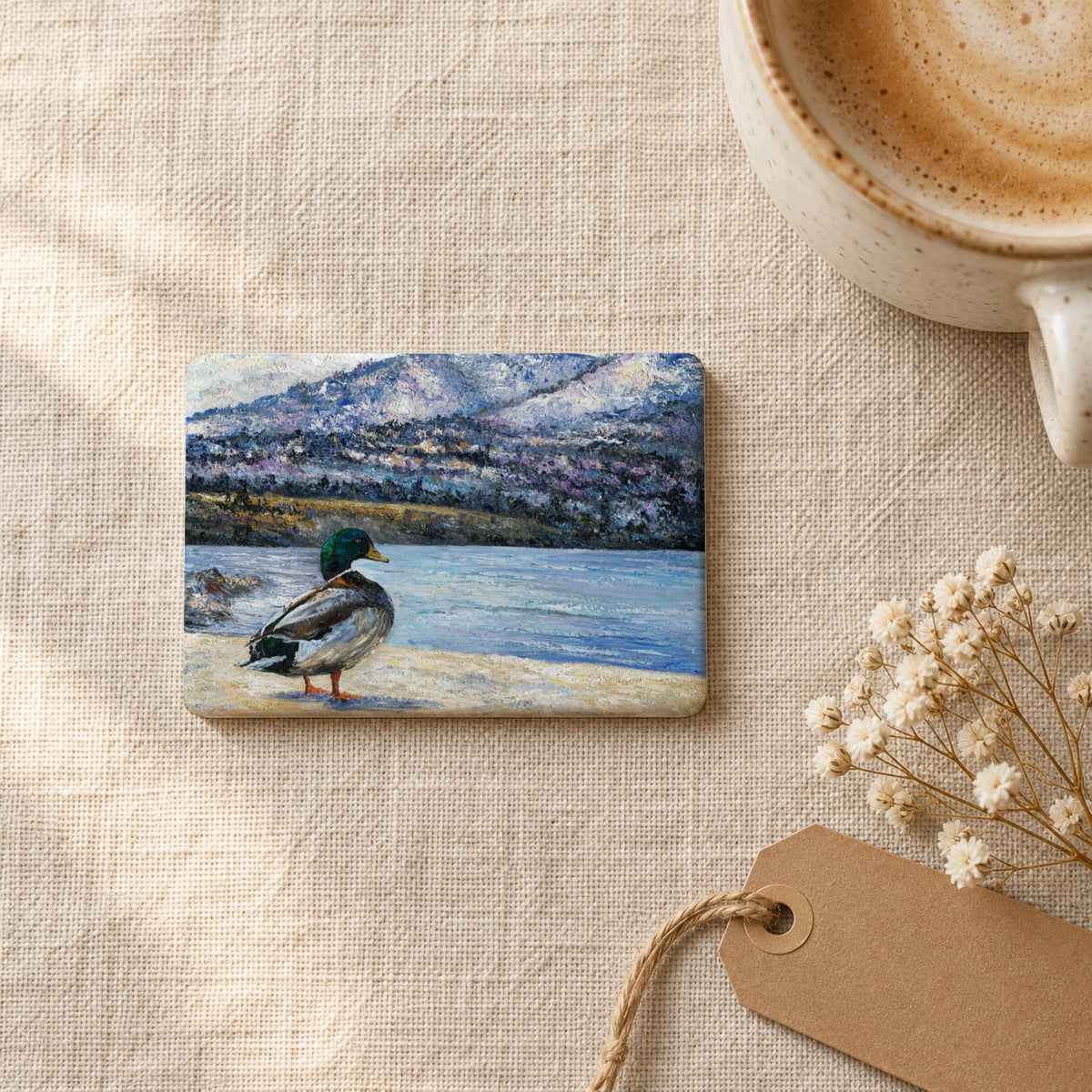 Okanagan Lake at the Edge of Winter art magnet on linen with coffee and dried flowers