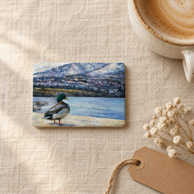 Okanagan Lake at the Edge of Winter art magnet on linen with coffee and dried flowers