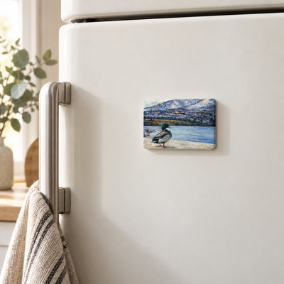Okanagan Lake at the Edge of Winter art magnet on a white fridge door