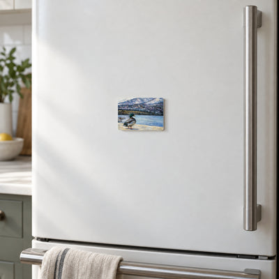 Okanagan Lake at the Edge of Winter art magnet on a warm white fridge door