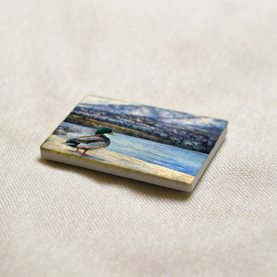 Okanagan Lake at the Edge of Winter art magnet at an angle, showing the stone edge